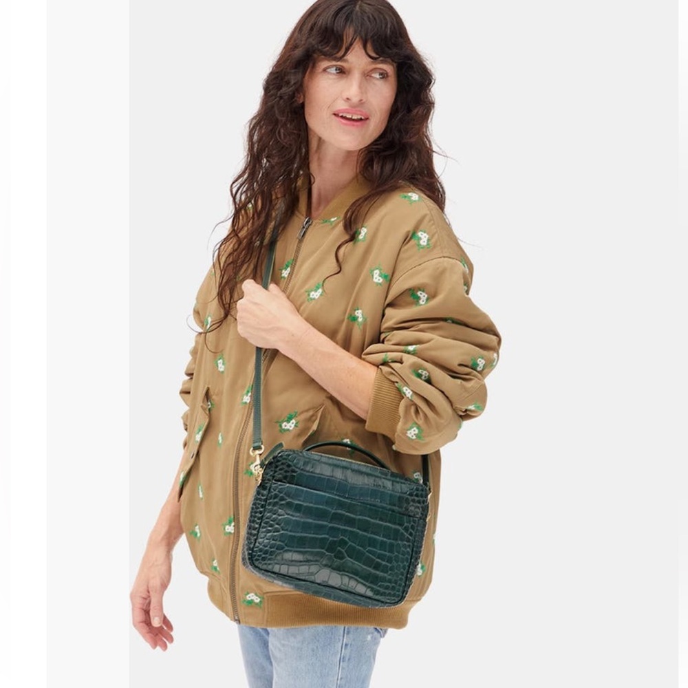 Clare V. Mirabel Crocodile-Embossed Women's Bag in Deep Pine w/original dust bag